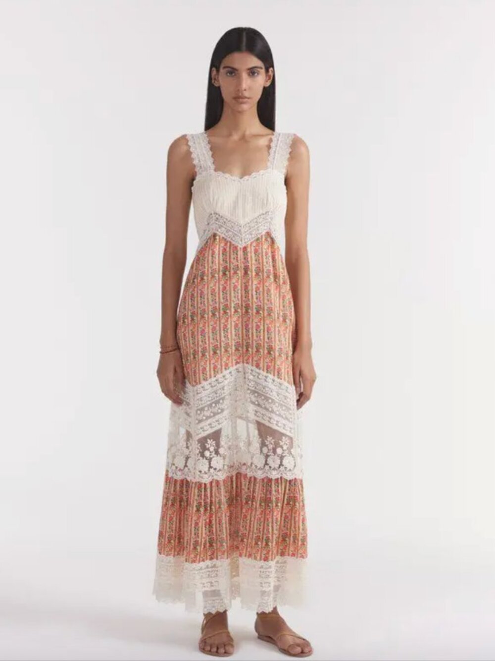 Saloni Phoebe lace-paneled floral-print cotton and silk-blend maxi dress size 4